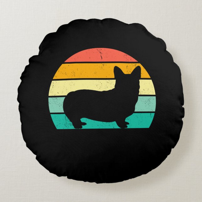 Cojín Redondo Corgi retro Sunset (Anverso)