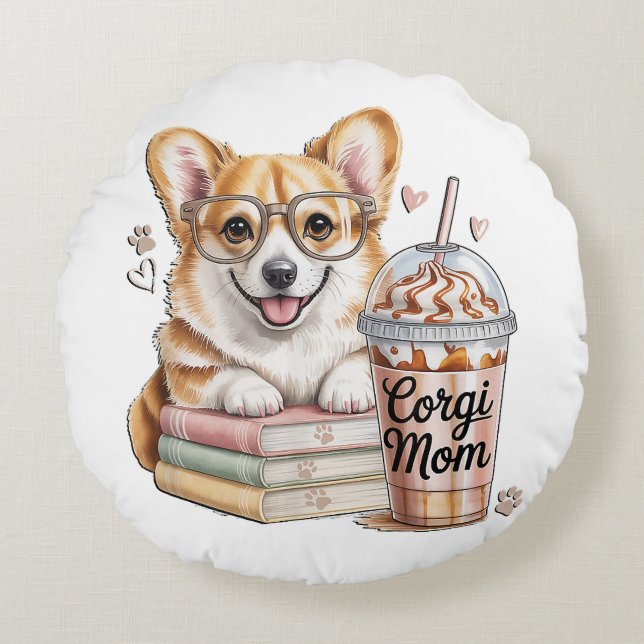 Cojín Redondo Corgis Libros y Café Helado para Perro (Anverso)