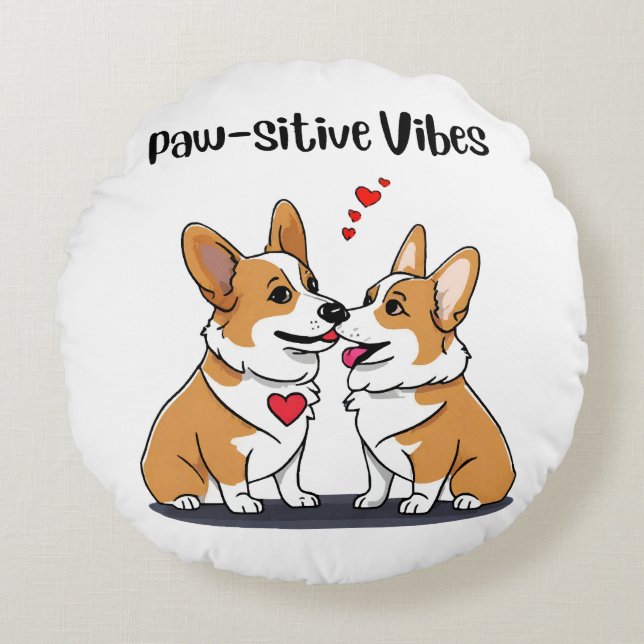 Cojín Redondo Corgis Vibes enamorados (Anverso)