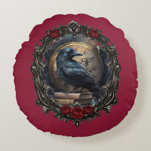 Cojín Redondo Corona de biblioteca de reloj de cuervo gótico de 
