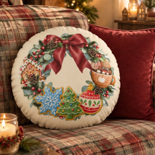 Cojín Redondo Corona de Navidad de Galletas de Jengibre