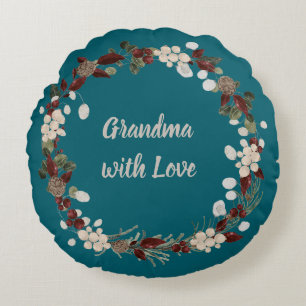 Cojín Redondo Corona de Navidad de la abuela en un rico teal