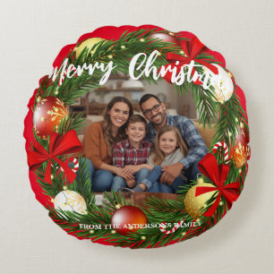 Cojín Redondo Corona de Navidad Foto Personalizada Familia N