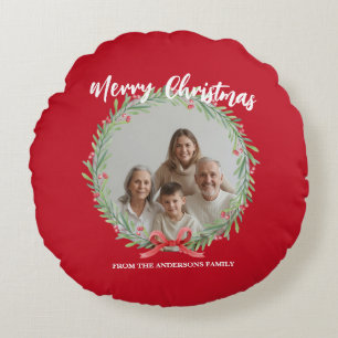Cojín Redondo Corona de Navidad Foto Personalizada Familia N