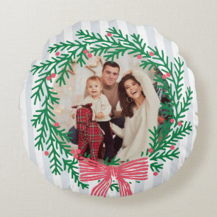 Cojín Redondo Corona de Navidad personalizada con foto y saludos