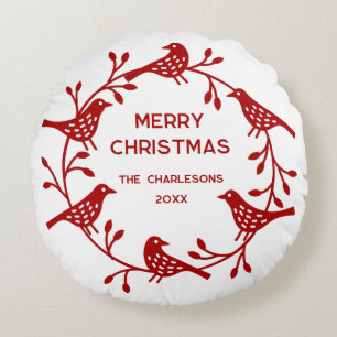 Cojín Redondo Corona de Navidad personalizada de pájaros escandi