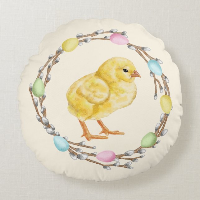 Cojín Redondo Corona de sauce de Pascua pastel con pollito (Anverso)