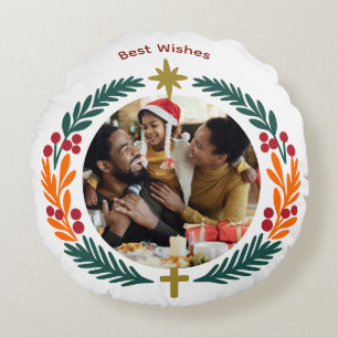 Cojín Redondo Corona Estrella y Cruz Cristiana Foto Personalizad