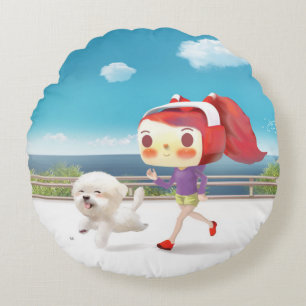 Cojín Redondo Corriendo con perro a orillas del mar