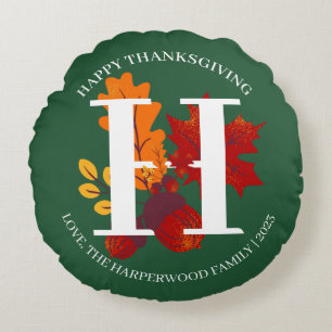 Cojín Redondo Cosecha de Caída en Monograma Simple Feliz Día de 