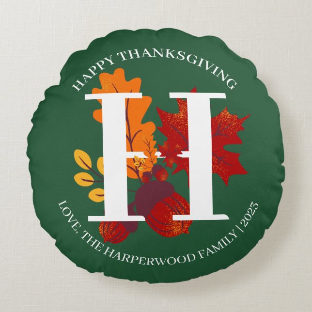 Cojín Redondo Cosecha de Caída en Monograma Simple Feliz Día de  (Anverso)