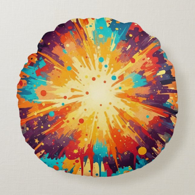Cojín Redondo Cosmic Burst Abstract Splatter Art (Anverso)