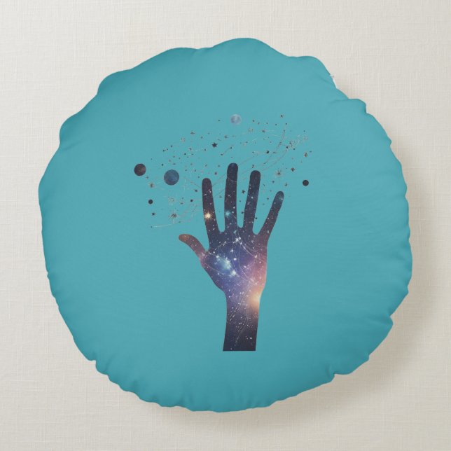 Cojín Redondo Cosmic Hand in Starry Galaxy – Surreal Spiritual S (Reverso)