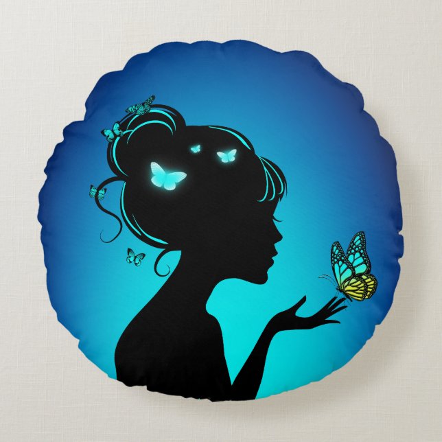 Cojín Redondo Coussins Ronds La femme papillons bleues (Anverso)