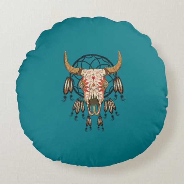 Cojín Redondo Cow Skull Southwestern Dream Catcher (Anverso)