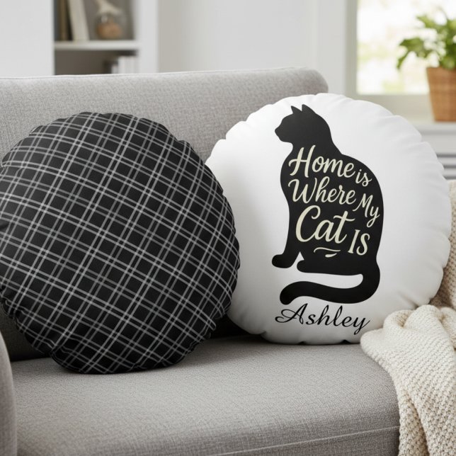 Cojín Redondo Cozy Cat Silhouette – Personalized Pet Lover (Personalized cat silhouette plaid round pillow
)