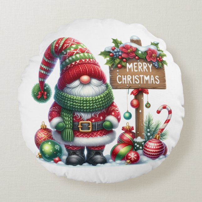 Cojín Redondo Cozy Christmas Gnome Art – Festive Holiday (Anverso)