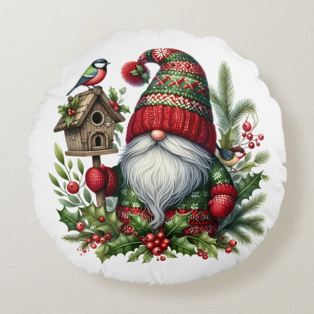 Cojín Redondo Cozy Christmas Gnome Art – Festive Holiday (Anverso)