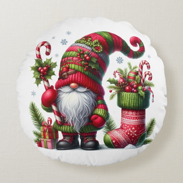 Cojín Redondo Cozy Christmas Gnome Art – Festive Holiday (Anverso)