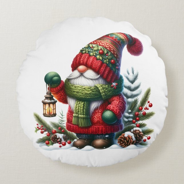 Cojín Redondo Cozy Christmas Gnome Art – Festive Holiday (Anverso)