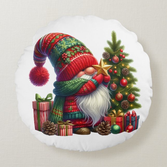 Cojín Redondo Cozy Christmas Gnome Art – Festive Holiday (Anverso)