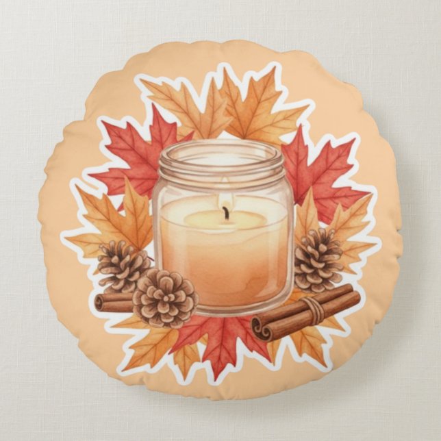 Cojín Redondo Cozy Fall Candle with Maple Leaves | Autumn Design (Anverso)