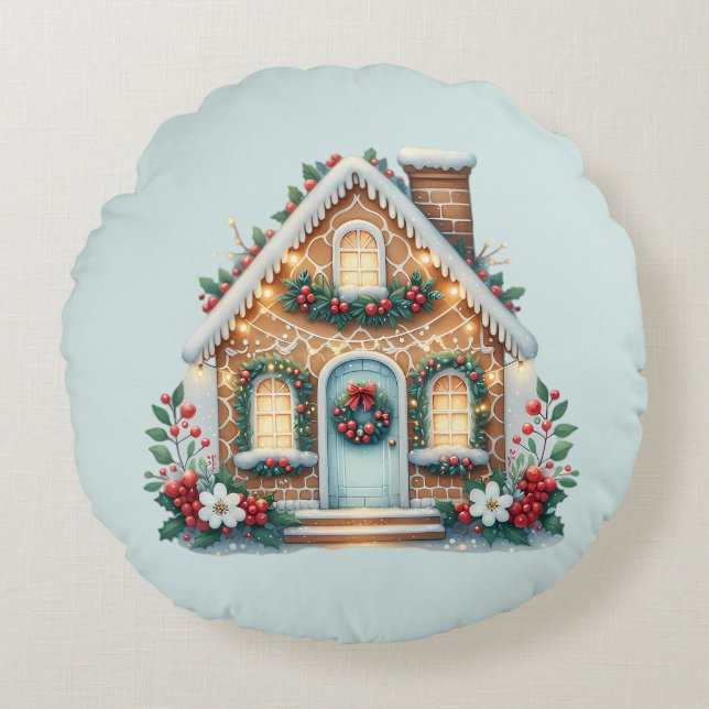 Cojín Redondo Cozy Gingerbread House Holiday Illustration (Anverso)