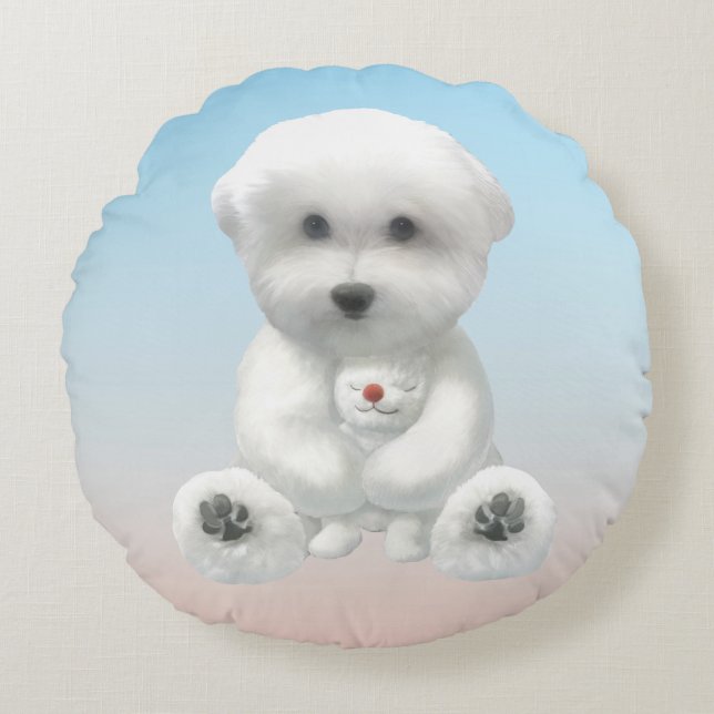 Cojín Redondo Cozy Plush Moment: Smiling Bichon Hugging Mini Pup (Anverso)