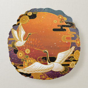 Cojín Redondo Crane Bird Chrysanthemum Patrón japonés