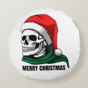 Cojín Redondo Cráneo gótico de Navidad con sombrero de Santa – A