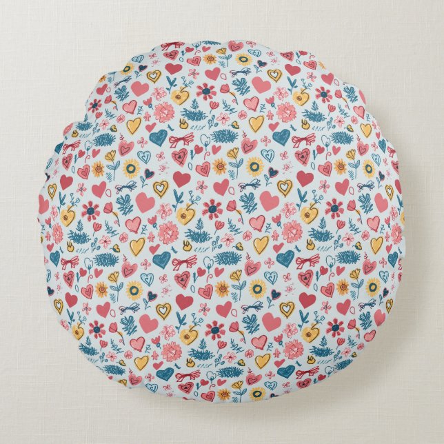 Cojín Redondo Crayon Pastel Corazón y Flores (Anverso)