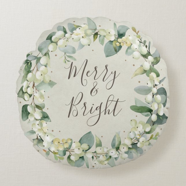 Cojín Redondo Cream Snowberry + Wreath Navidades Eucalyptus (Anverso)