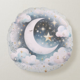 Cojín Redondo Creciente Luna Celeste Boho Moderno Azul y Blanco