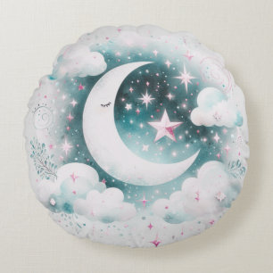 Cojín Redondo Creciente Luna Celeste Boho Moderno Azul y Blanco