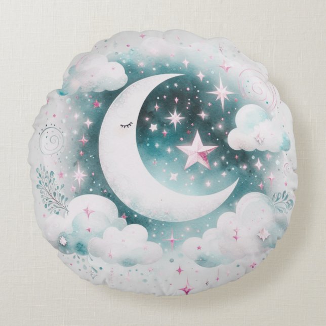 Cojín Redondo Creciente Luna Celeste Boho Moderno Azul y Blanco (Anverso)