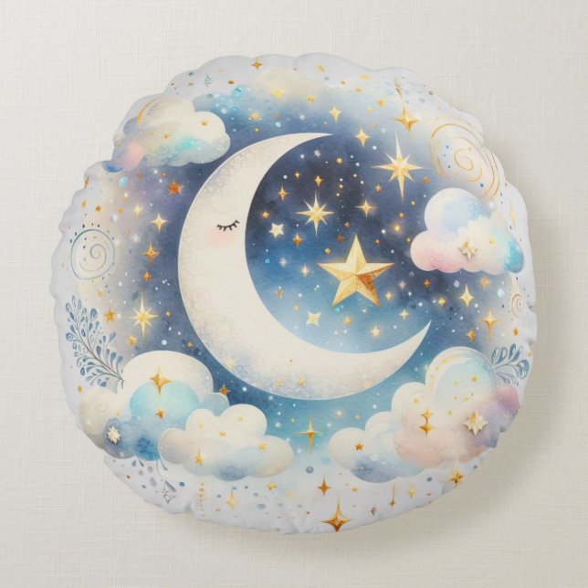 Cojín Redondo Creciente Lunar Celeste Azul y Blanco Boho Moderno (Anverso)