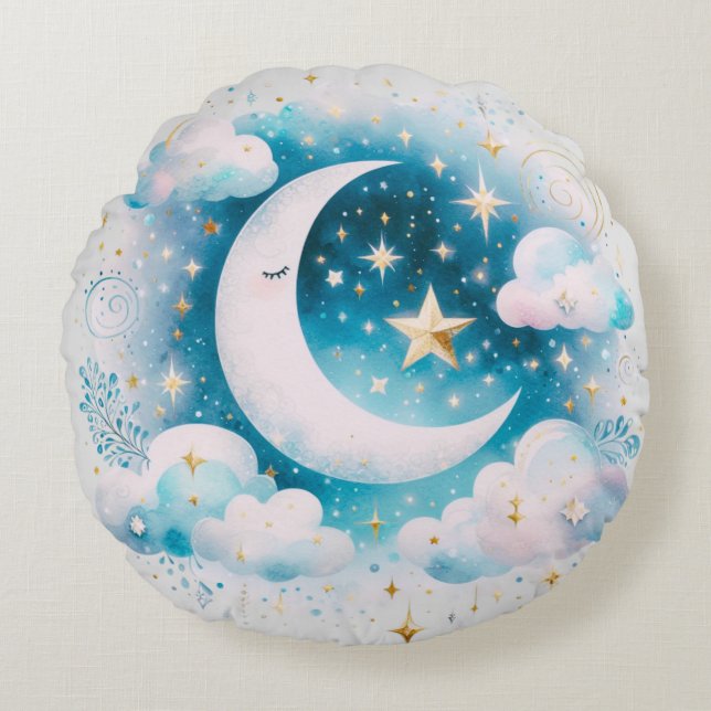 Cojín Redondo Creciente Lunar Celeste Azul y Blanco Boho Moderno (Anverso)