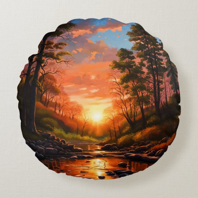 Cojín Redondo Creek Bank Sunrise (Anverso)