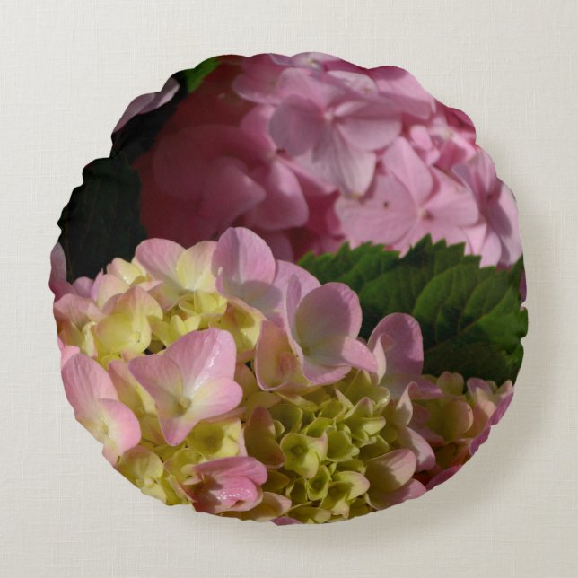 Cojín Redondo Crema rosa Hydrangeas amarillo rosa verde floral (Anverso)