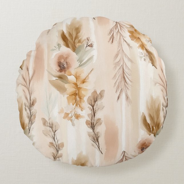 Cojín Redondo Crema Rústica Floral Boho (Anverso)