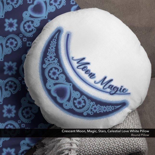 Cojín Redondo Crescent Moon Magic Stars Celestial White (Crescent Moon Magic Stars Celestial Love White Round Pillow)