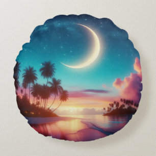 Cojín Redondo Crescent Moon Over Tropical Beach Night Sky