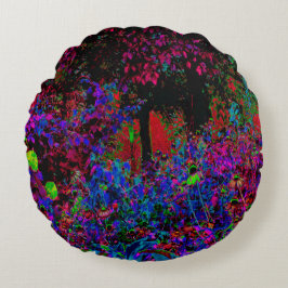 Cojín Redondo Crimson Psicodélico Rojo y Amanecer del Jardín Neg