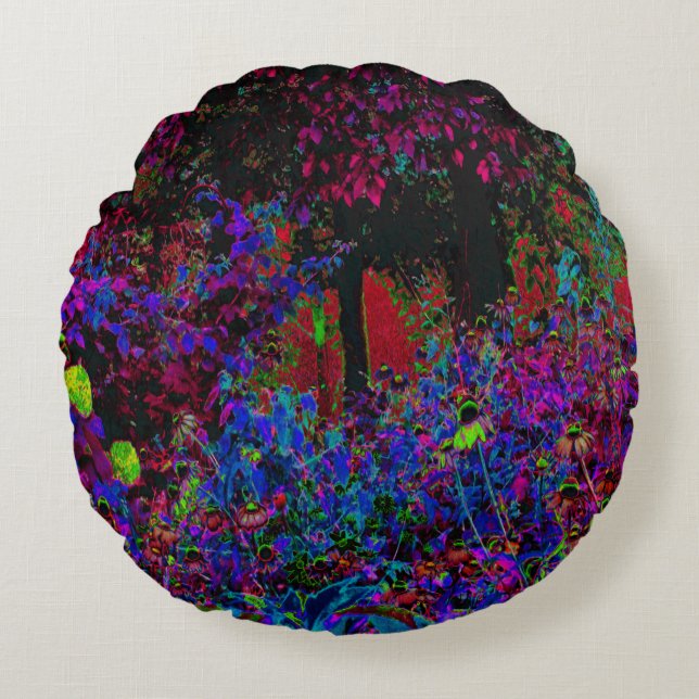 Cojín Redondo Crimson Psicodélico Rojo y Amanecer del Jardín Neg (Anverso)