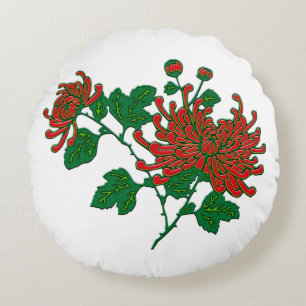Cojín Redondo Crisantemos de araña china - rojo intenso