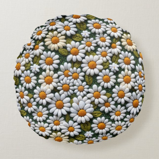 Cojín Redondo Crochet White Daisies Spring Wildflowers (Anverso)