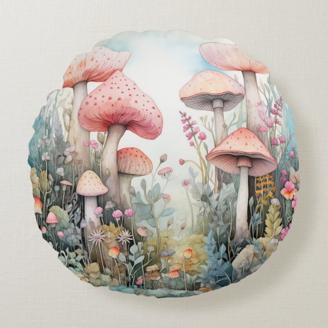 Cojín Redondo Croma de hongos rosados de primavera (Anverso)