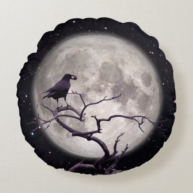 Cojín Redondo Crow y Moon, Crow Art, Raven, Gótico, Noche (Anverso)