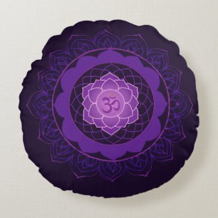 Cojín Redondo Crown Chakra Mandala-Sahasrara Con Om Purple