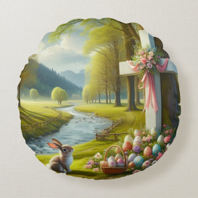Cojín Redondo Cruz de Pascua con conejo y huevos (Anverso)